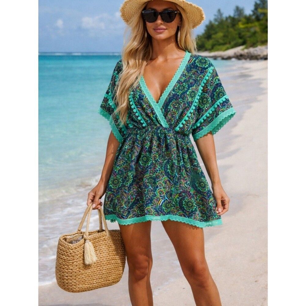 America & Beyond Boho Beach Cover Up Dress Paisley Pom Pom Trim